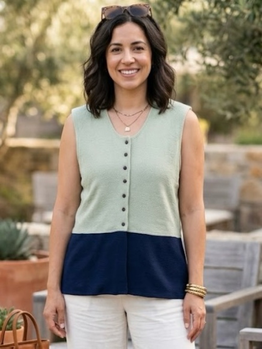 Antels Vintage Color-Block Sleeveless Button-Down Blouse Sage Green Navy Boho